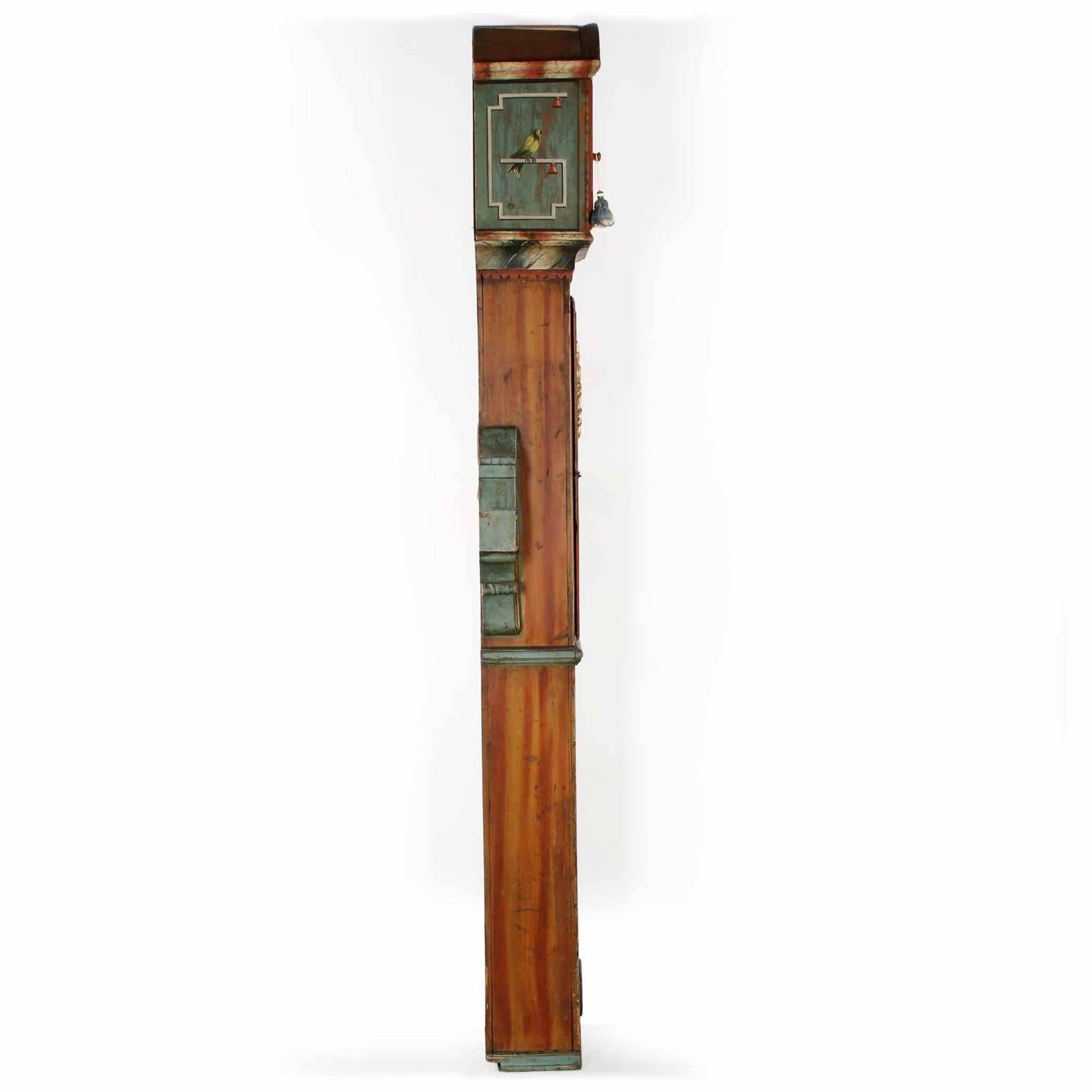 Hand-Painted Early 19th Century Painted and Carved Tall Case Mora Clock, probably Swedish