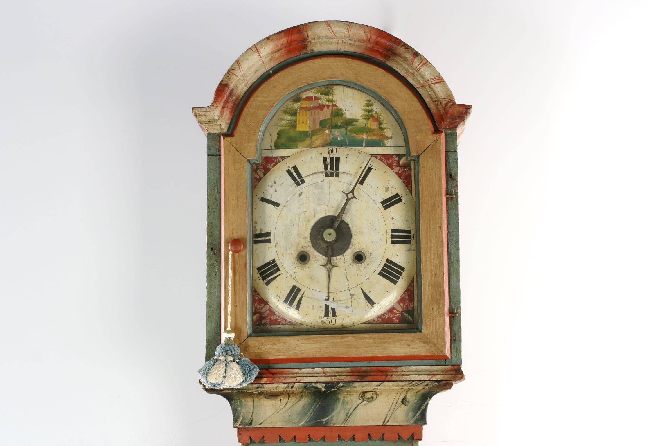 Early 19th Century Painted and Carved Tall Case Mora Clock, probably Swedish In Excellent Condition In Shippensburg, PA
