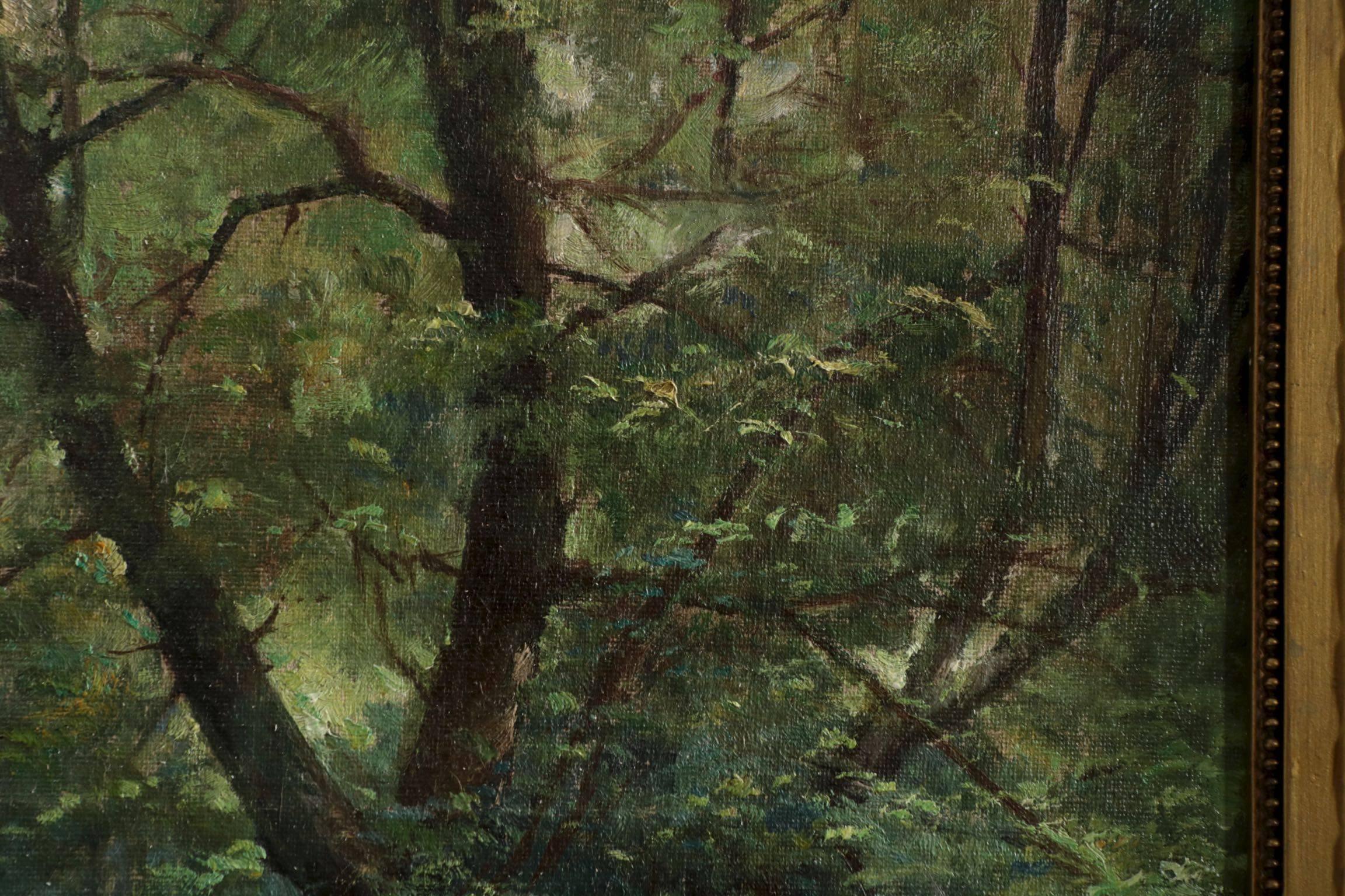 19th Century French Barbizon School Antique Painting of a Forest Scene In Good Condition In Shippensburg, PA