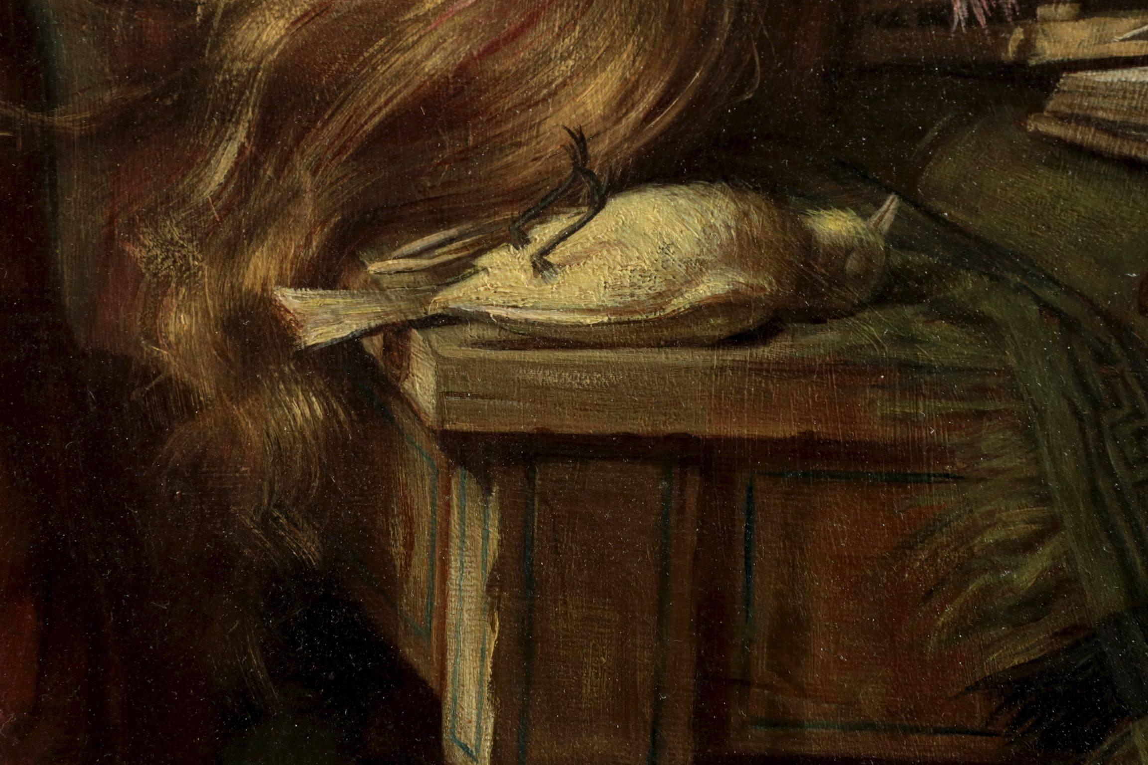 Hand-Painted Harry Roseland Painting of Girl Mourning, circa 1886