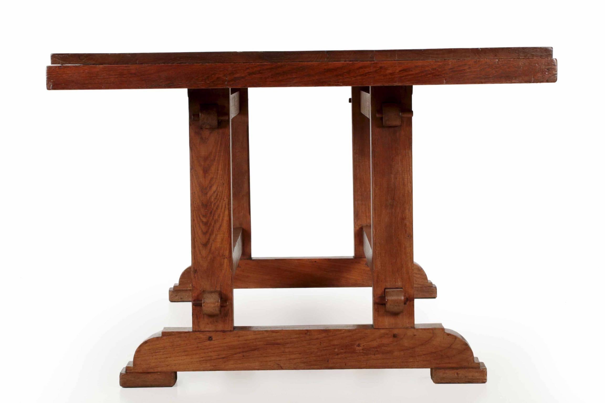 English Arts & Crafts Teak Trestle Dining Table, circa 1930 1