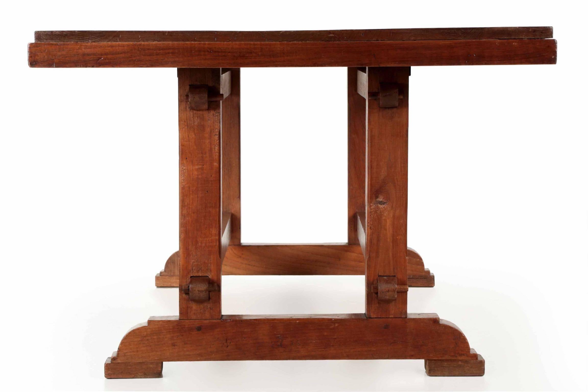 English Arts & Crafts Teak Trestle Dining Table, circa 1930 3