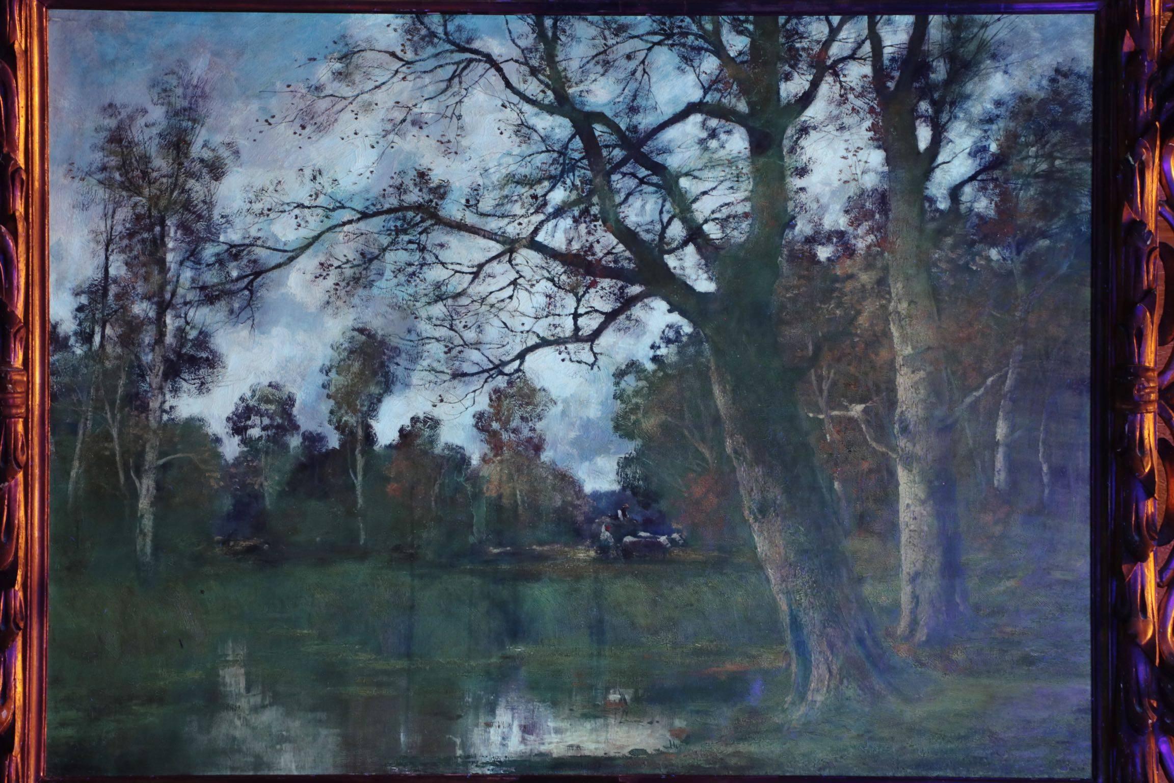 Barbizon Antique Landscape Oil Painting of Forest by Adolf Kaufmann, Austrian 1