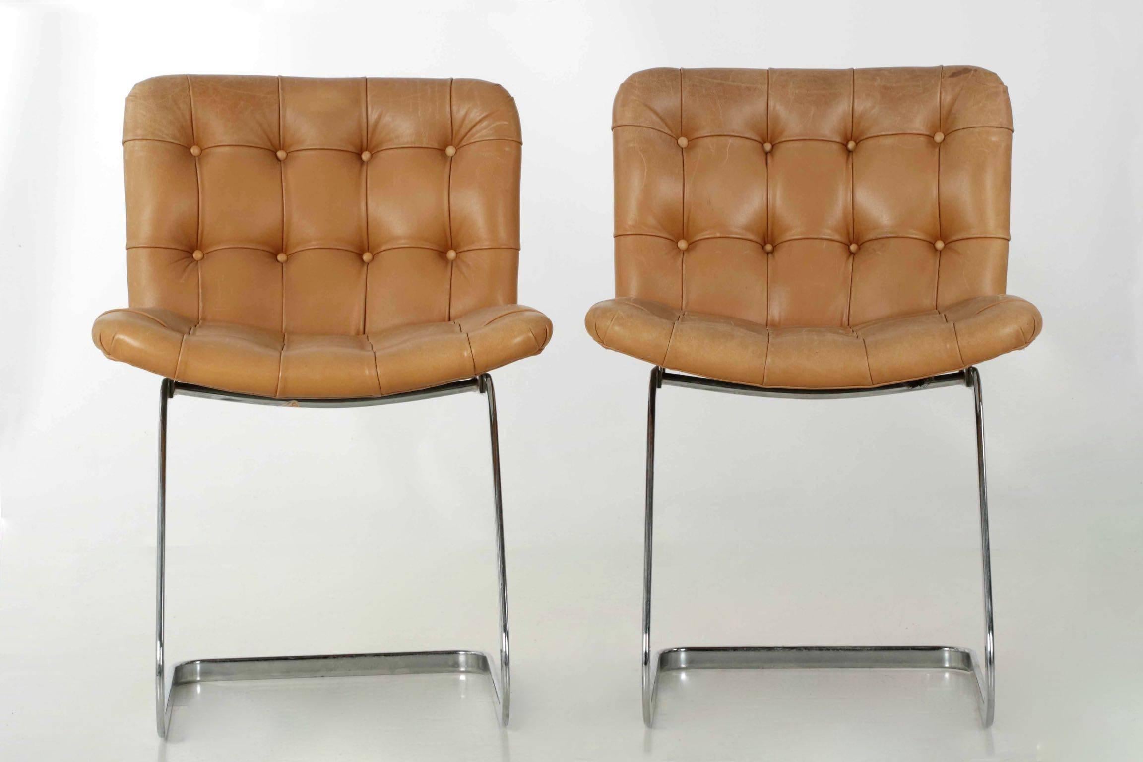 Amsterdam School Set of Eight Robert Haussmann for Stendig Chrome and Leather Dining Chairs