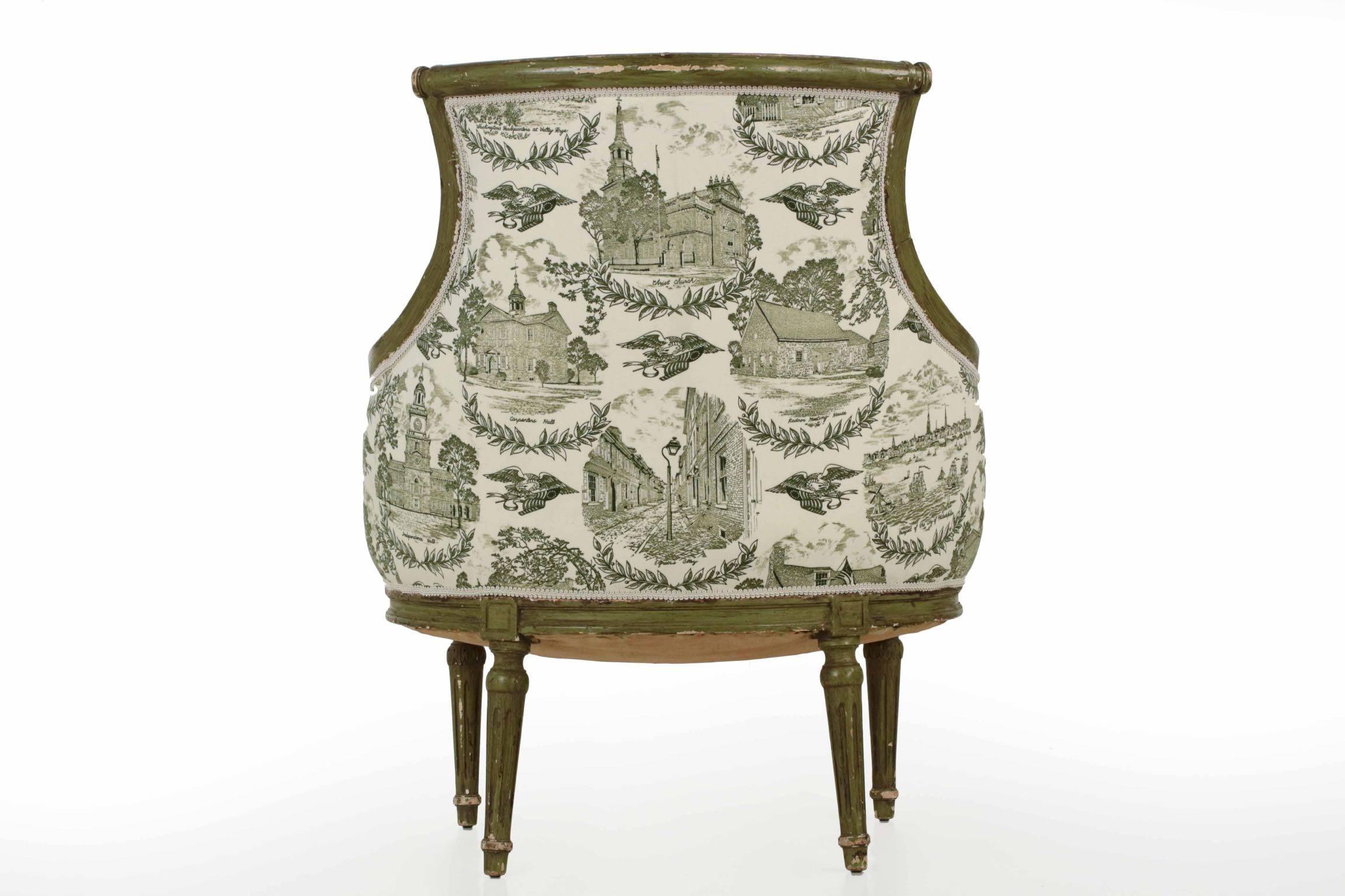 Hardwood 19th Century French Louis XVI Style Green Bergère Armchair