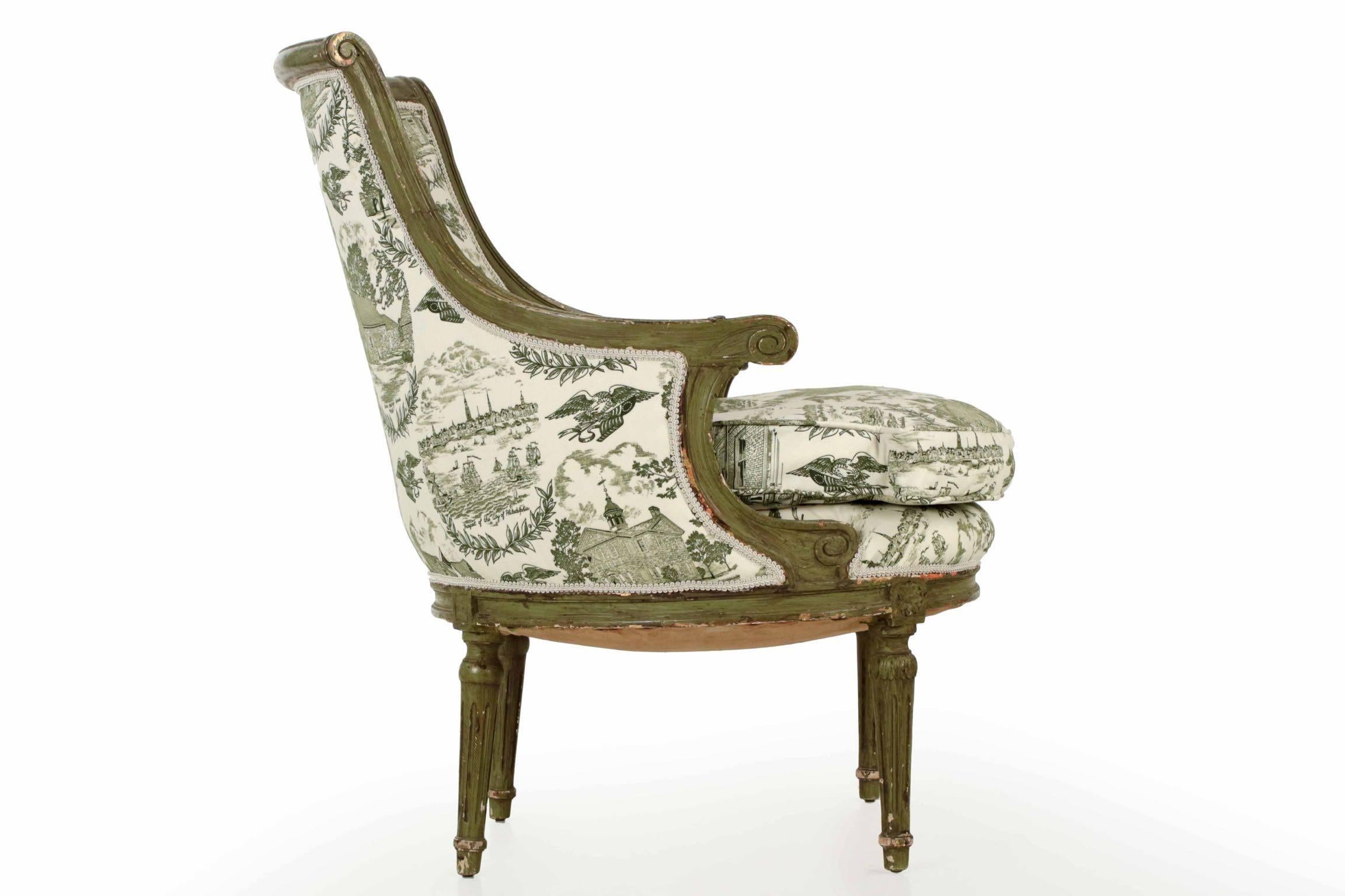 19th Century French Louis XVI Style Green Bergère Armchair In Excellent Condition In Shippensburg, PA