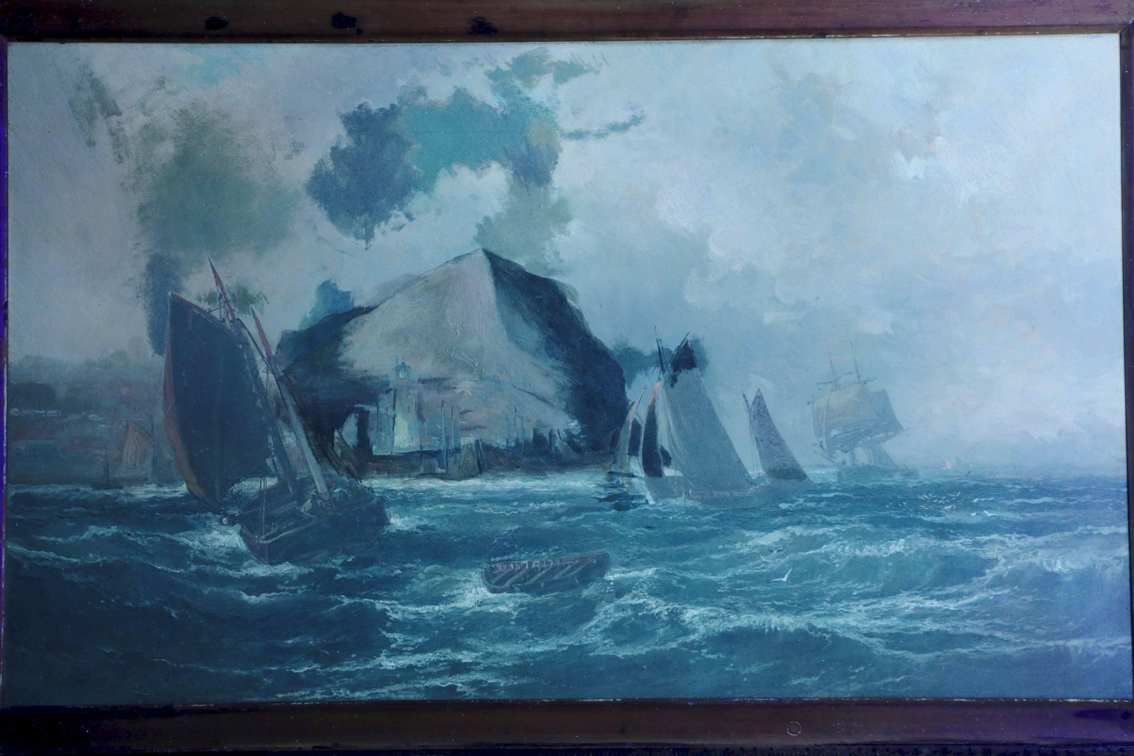 Giltwood British Seascape Painting of Ships off Coast by Robert Ernest Roe
