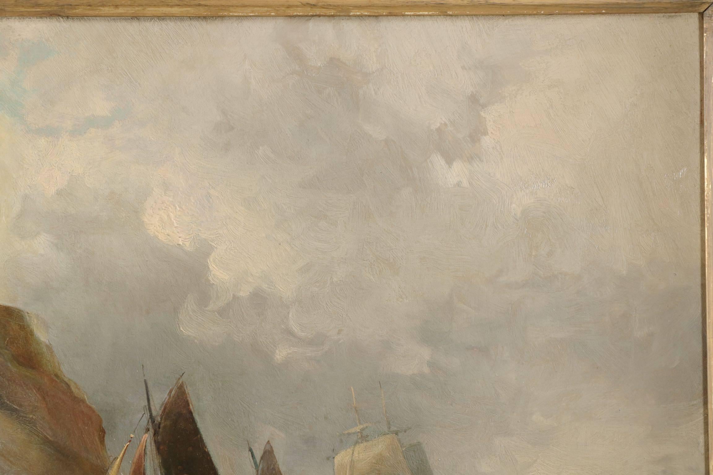 An active piece with such a wealth of detail expressed throughout the canvas, the painting depicts local fishing vessels off the coast fighting through the stormy waters of the harbour under a cloudy sky. The depth of cloud cover suggests an