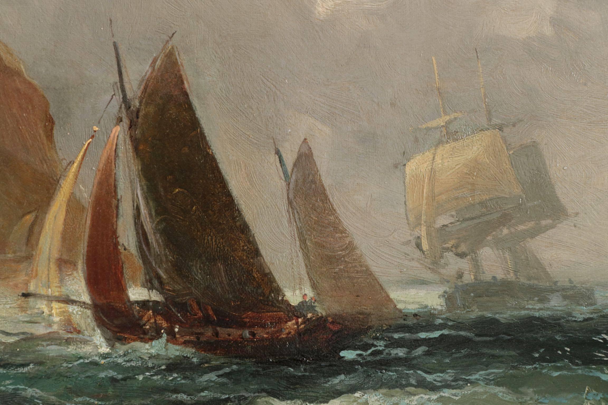 Hand-Painted British Seascape Painting of Ships off Coast by Robert Ernest Roe