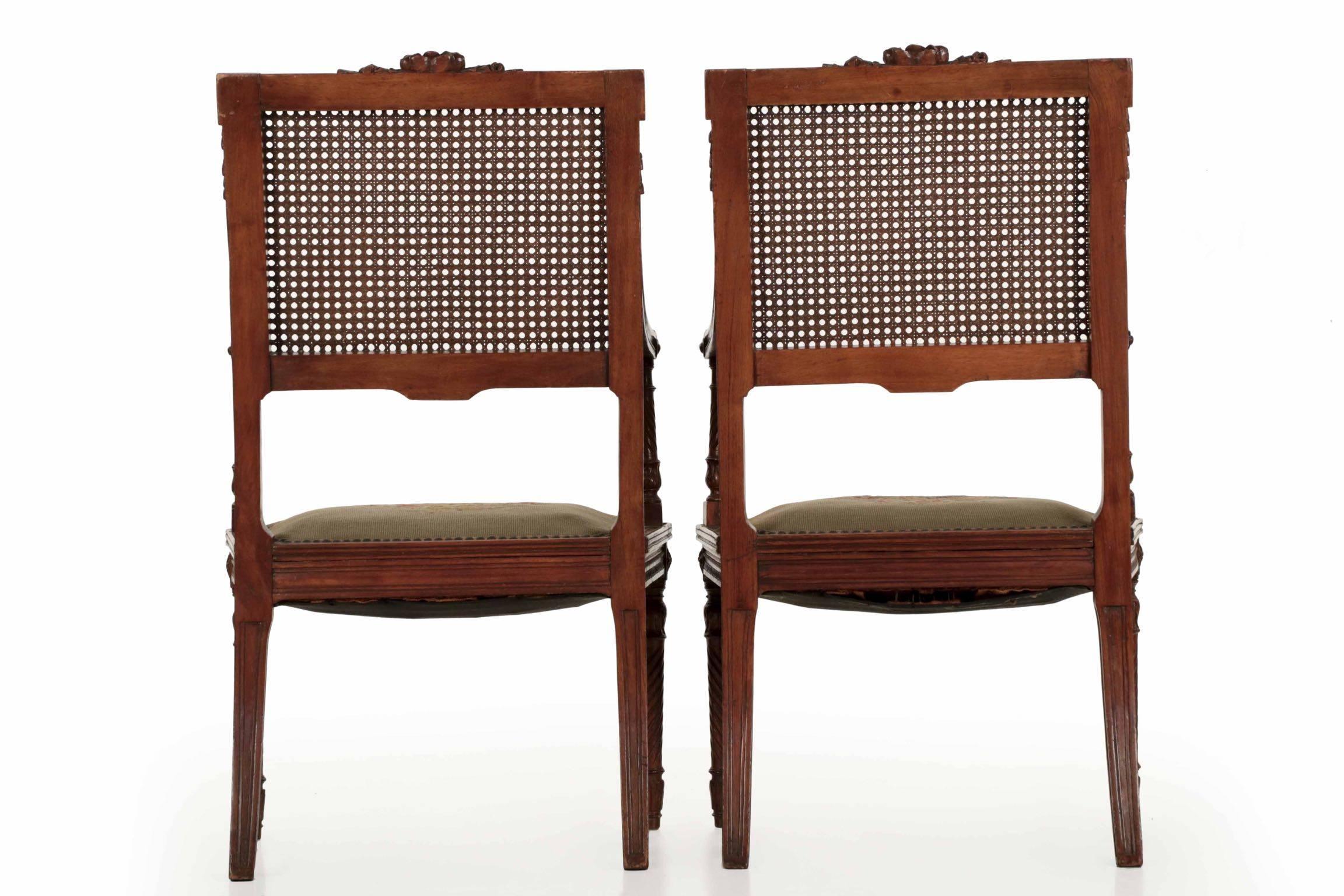 19th Century Pair of French, Louis XVI Style Carved Walnut Antique Armchairs, circa 1890