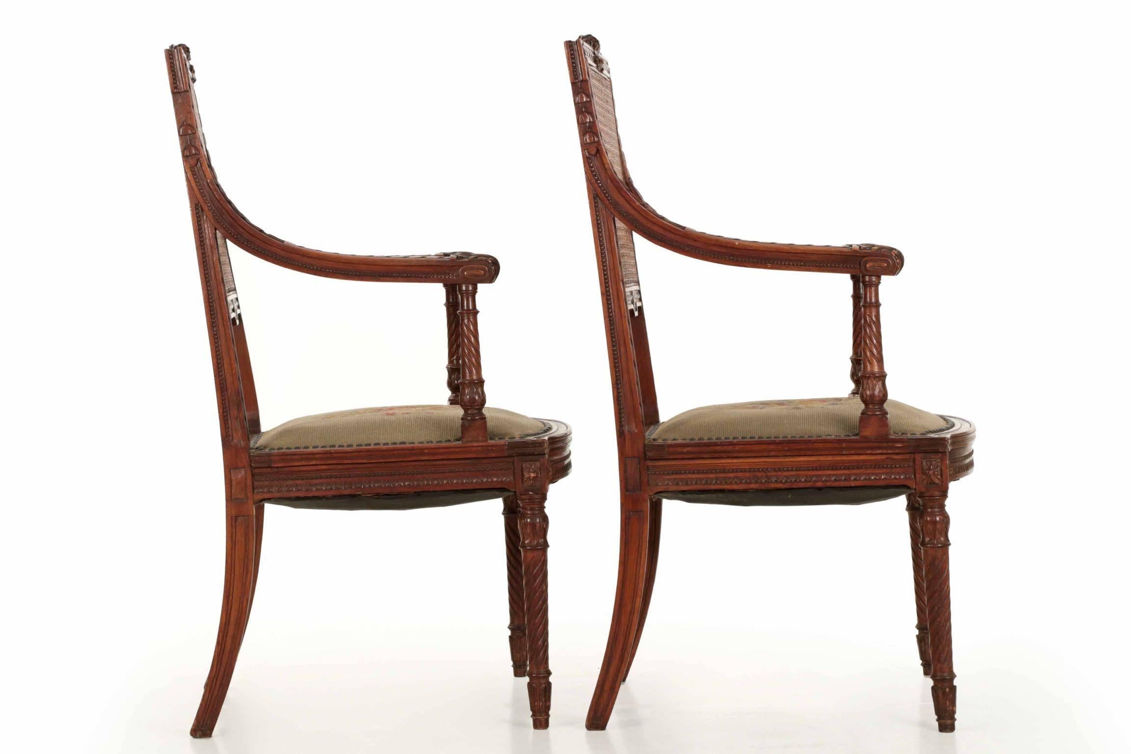 Tapestry Pair of French, Louis XVI Style Carved Walnut Antique Armchairs, circa 1890