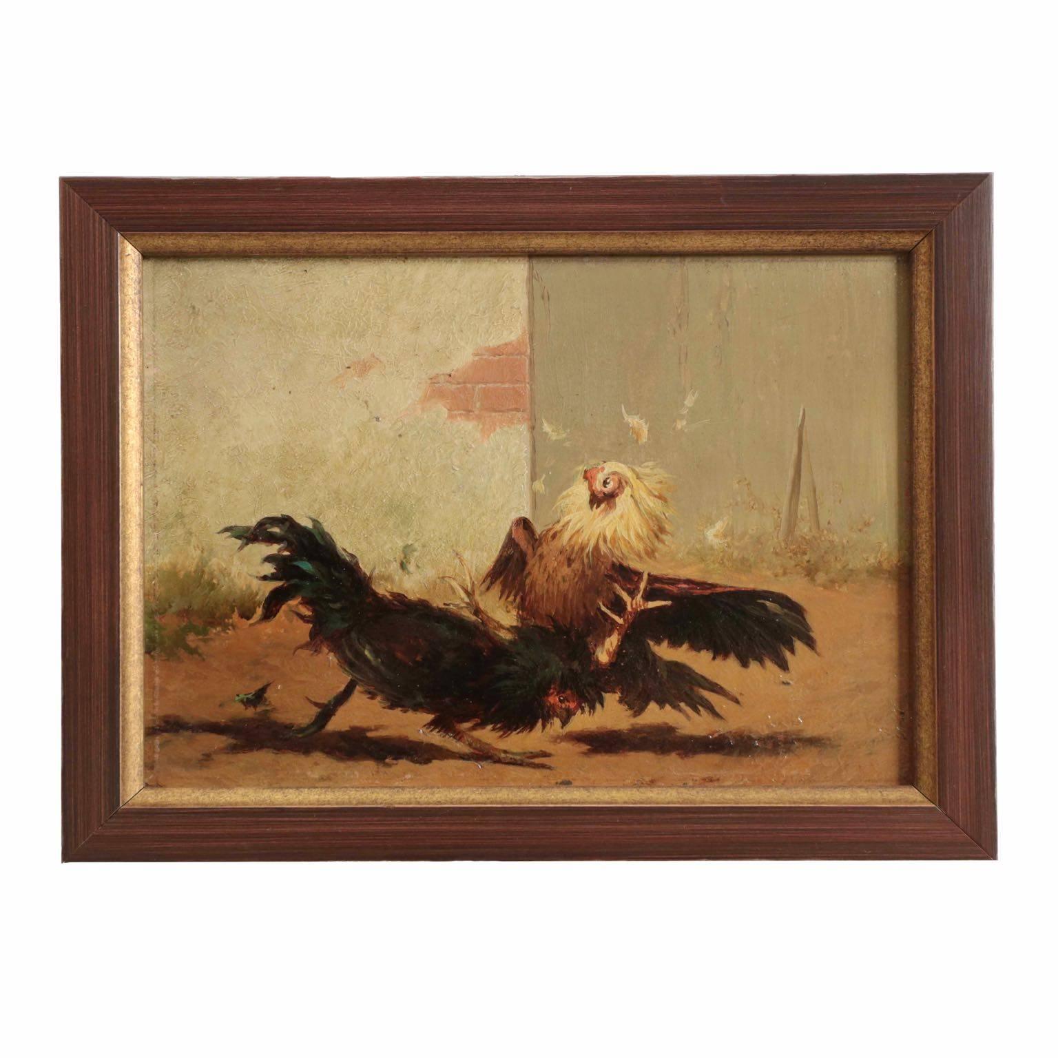 A fine set of four Barbizon paintings by the American artist William Baptiste Baird and executed in Paris in oil on panel, each successively depicts a pair of cock roosters in confrontation: they start walking, then the dark rooster begins to chase