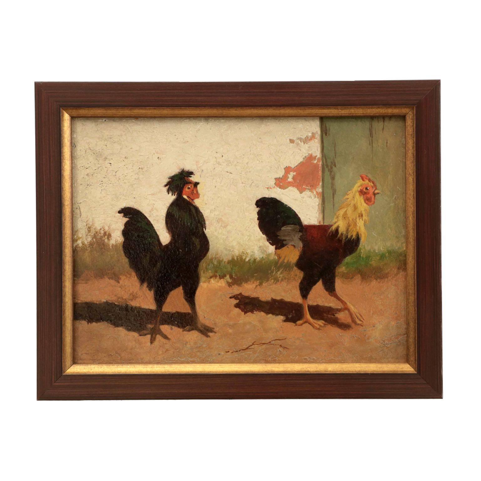 Hand-Painted Four William Baird American, 1847-1899 Paintings of Cocks Fighting