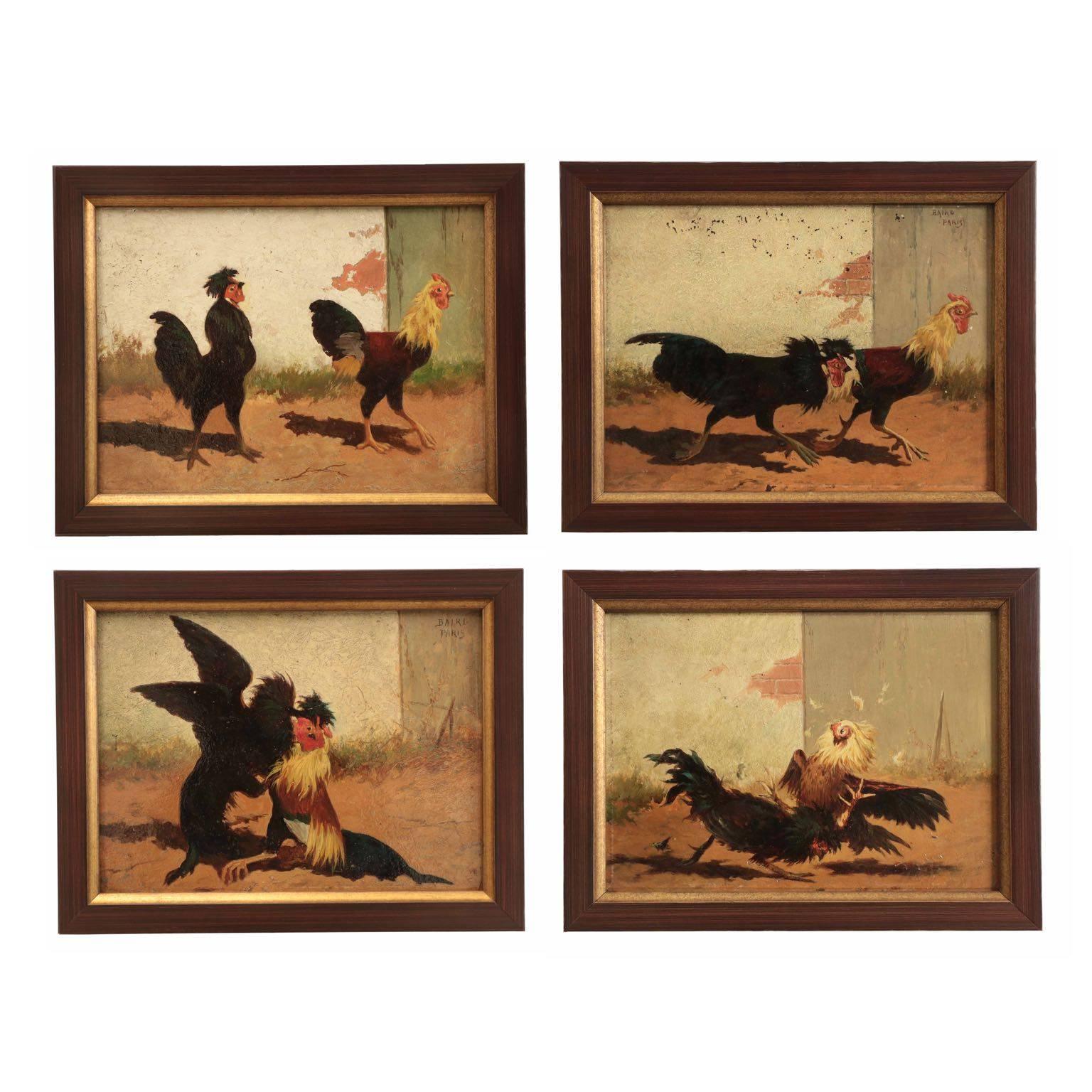Four William Baird American, 1847-1899 Paintings of Cocks Fighting