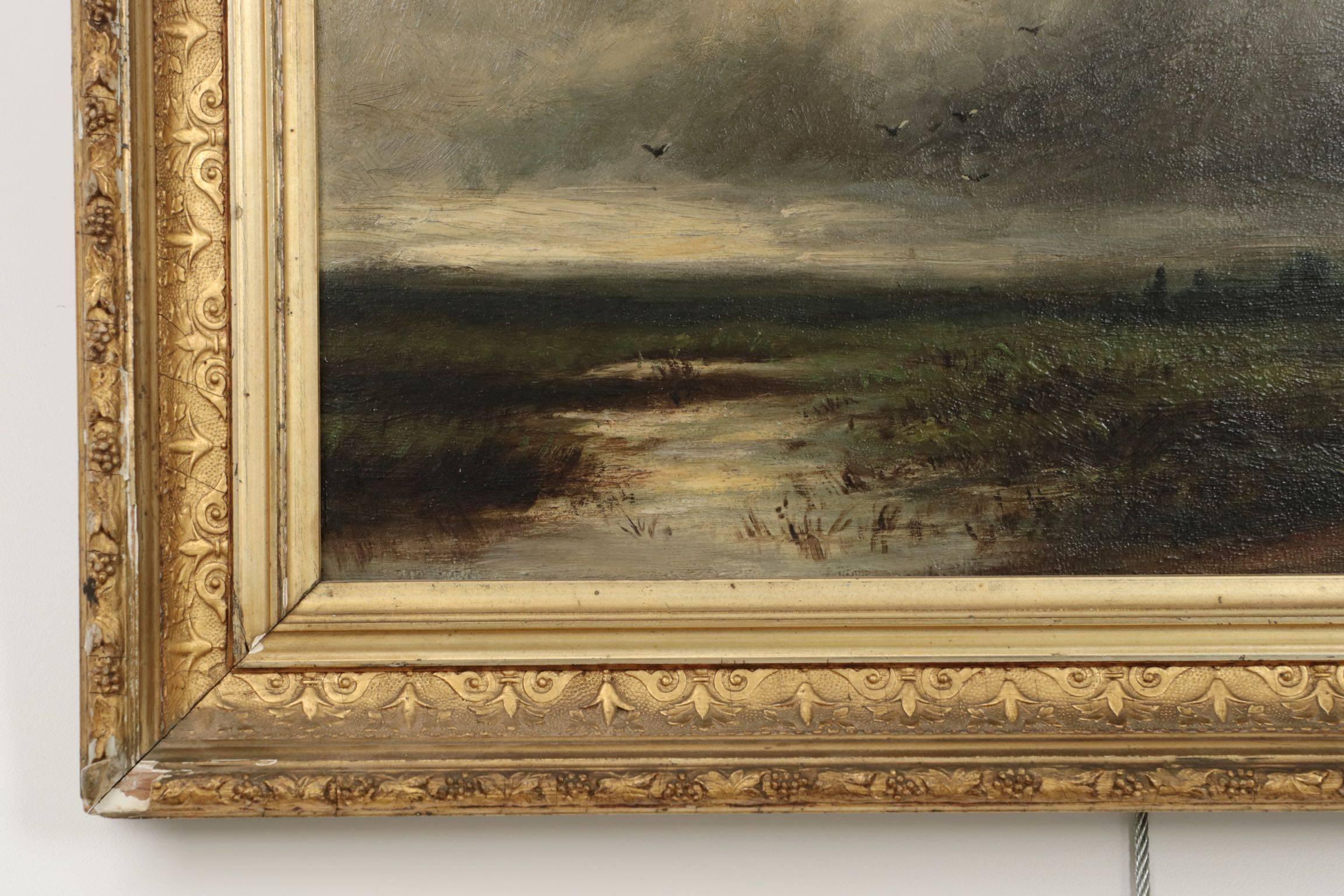 Hand-Painted 19th Century Barbizon School Landscape Oil Painting of Storm over Marsh