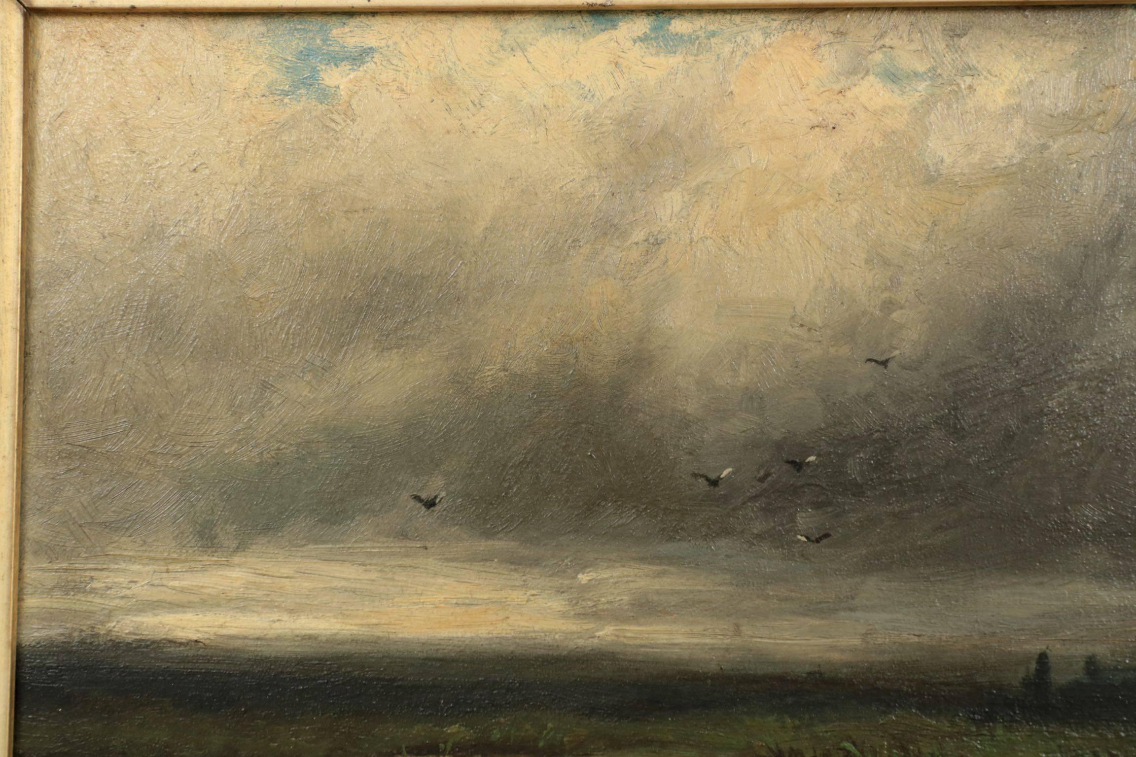 19th Century Barbizon School Landscape Oil Painting of Storm over Marsh 1