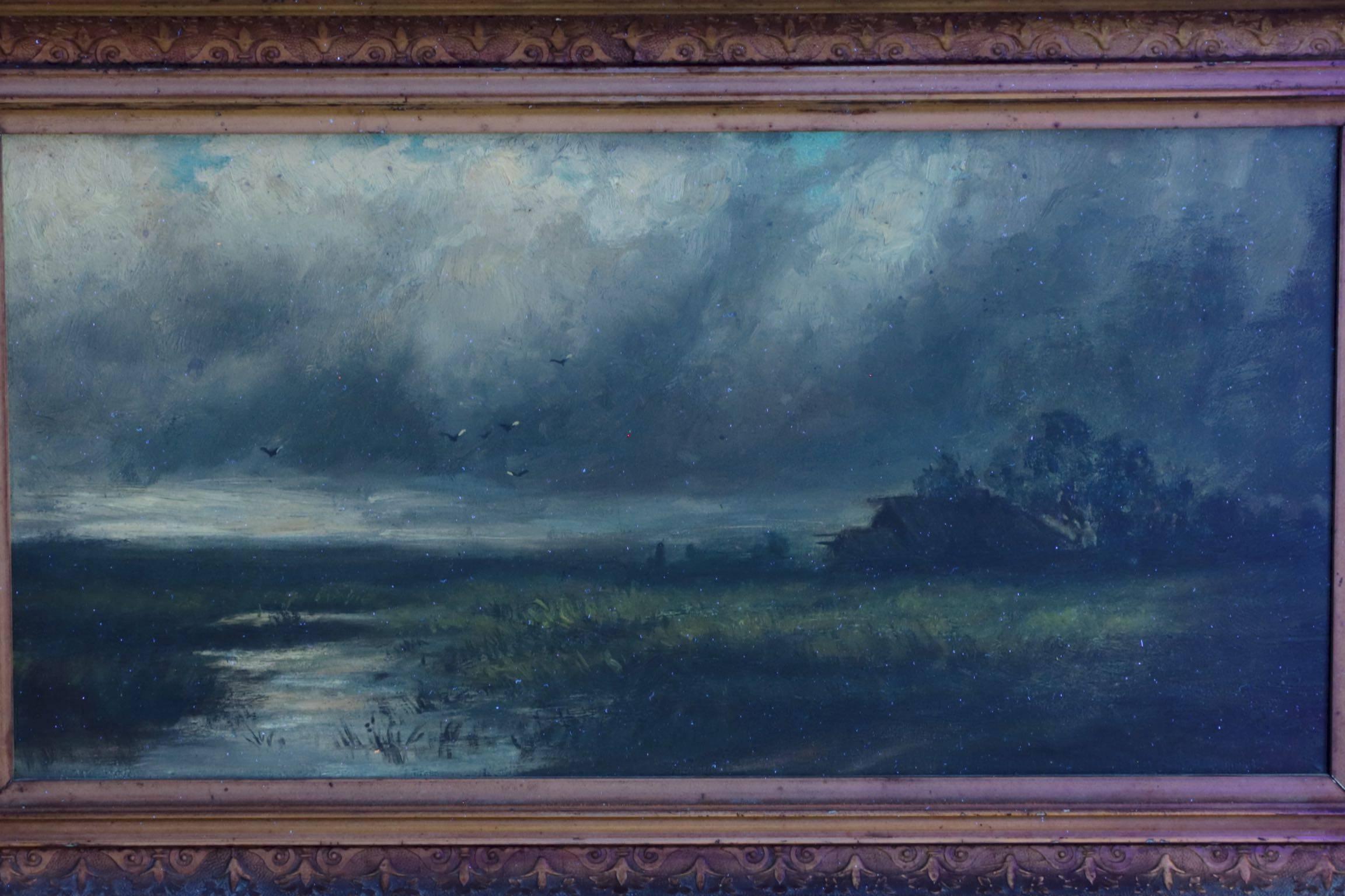 19th Century Barbizon School Landscape Oil Painting of Storm over Marsh 3