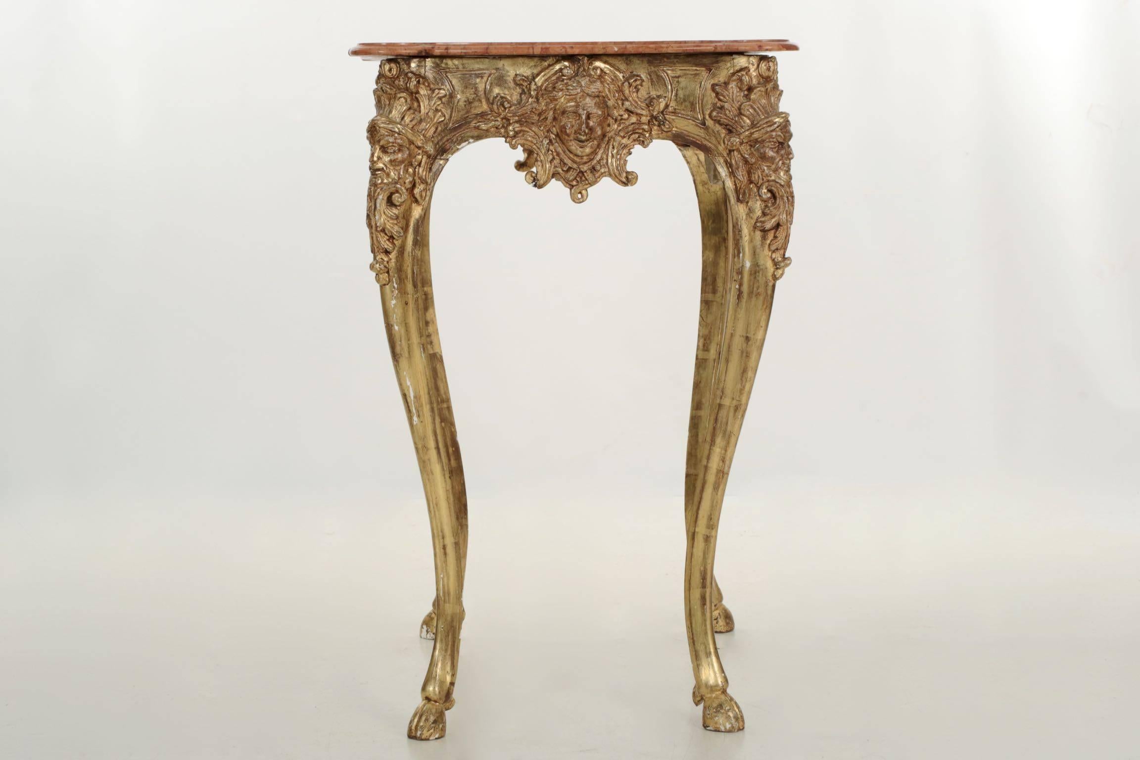 Continental Rococo Giltwood and Marble Side Table with Hooved Sabots In Distressed Condition In Shippensburg, PA