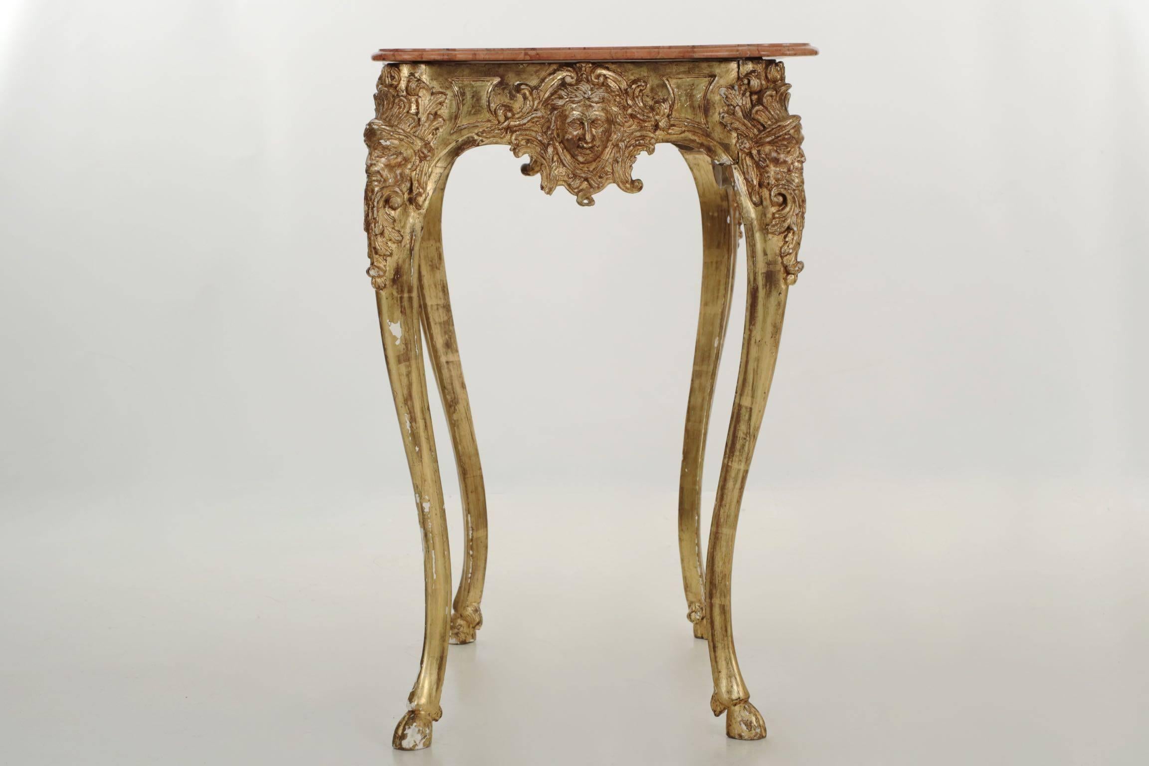 European Continental Rococo Giltwood and Marble Side Table with Hooved Sabots