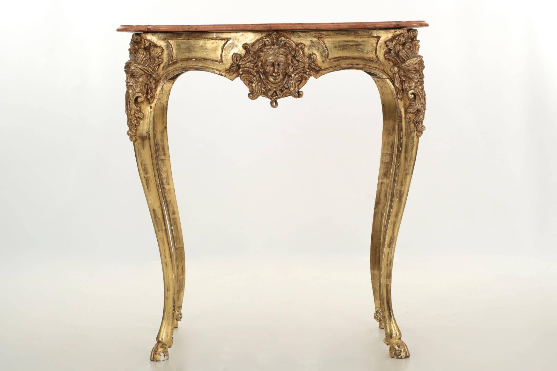 Carved Continental Rococo Giltwood and Marble Side Table with Hooved Sabots