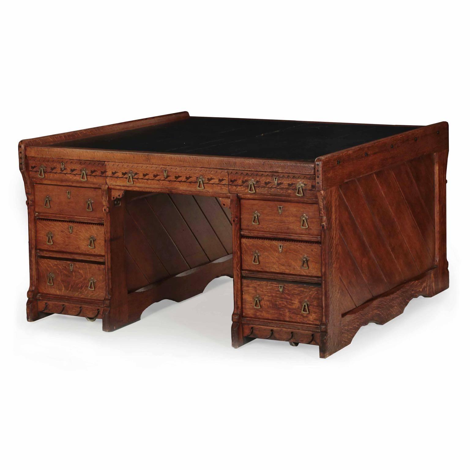 Arts and Crafts English Arts & Crafts Oak and Leather Partners Writing Desk, circa 1870-1890