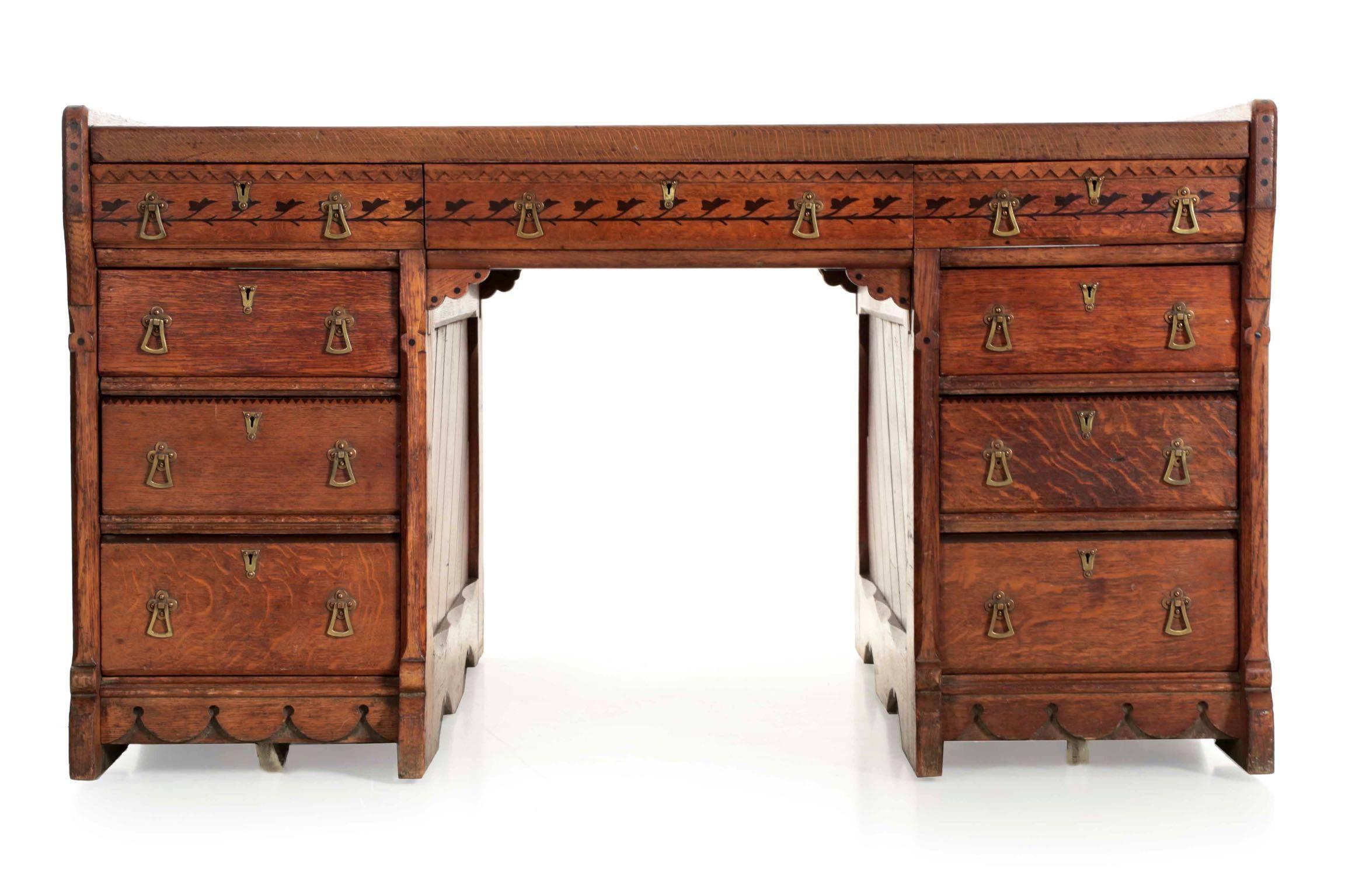 English Arts & Crafts Oak and Leather Partners Writing Desk, circa 1870-1890 In Good Condition In Shippensburg, PA