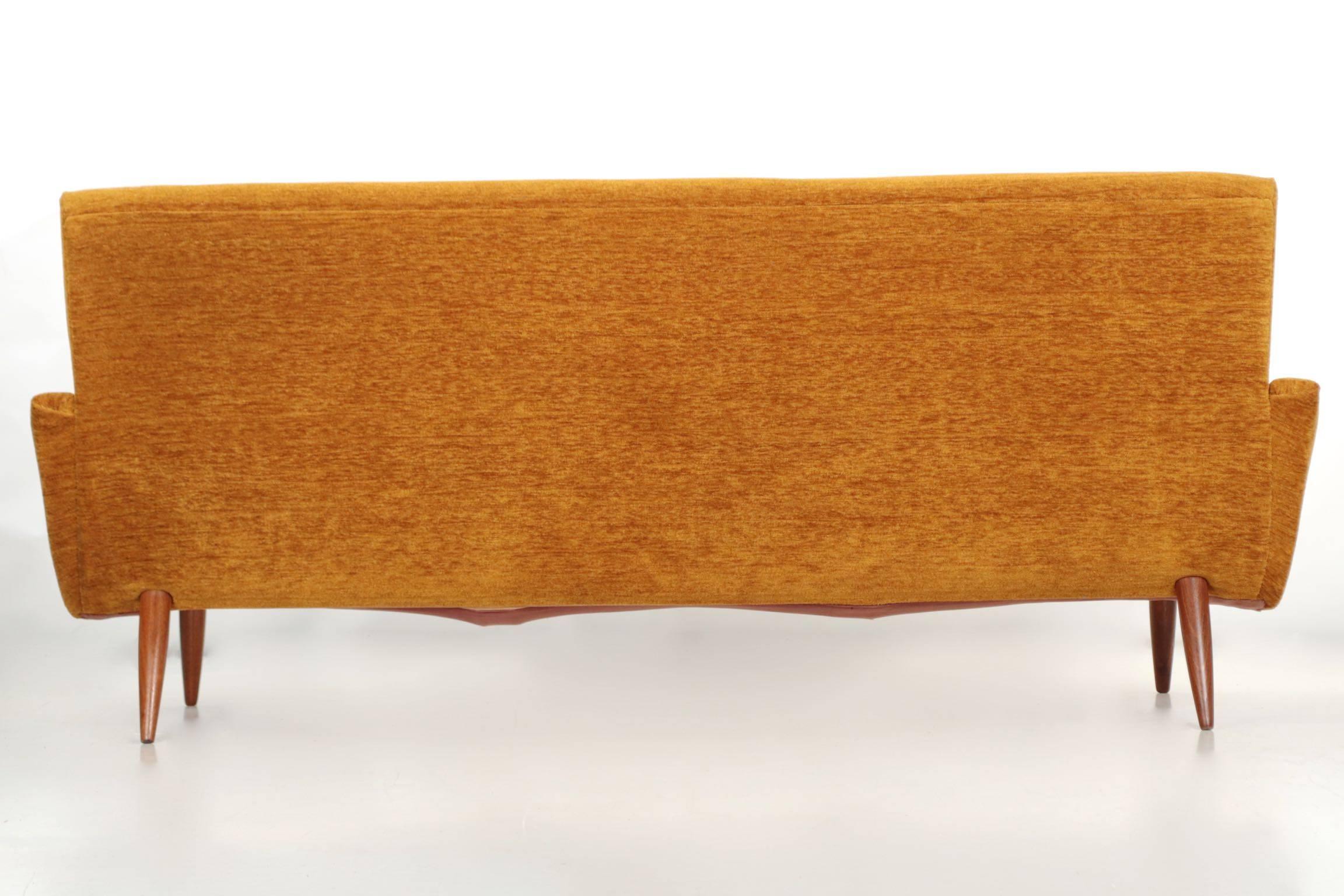 Scandinavian Modern Orange Upholstered Sculpted Walnut Sofa, circa 1950s-1960s 2