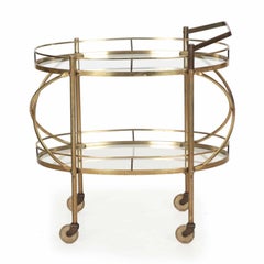 Vintage Server Bar Cart Trolley Oval Brass & Glass Two-Tier Table circa 1960's