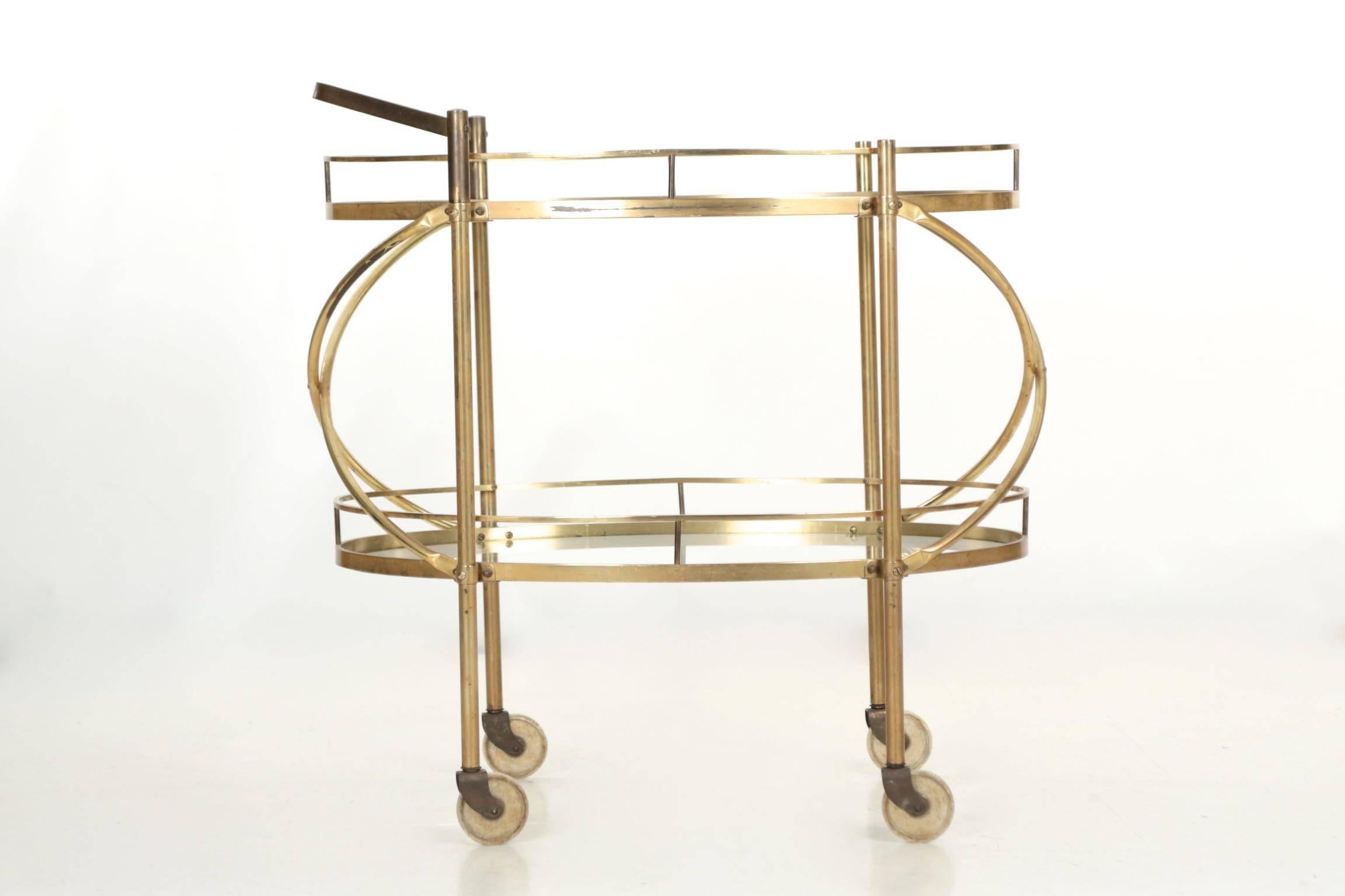 Vintage Server Bar Cart Trolley Oval Brass & Glass Two-Tier Table circa 1960's 2