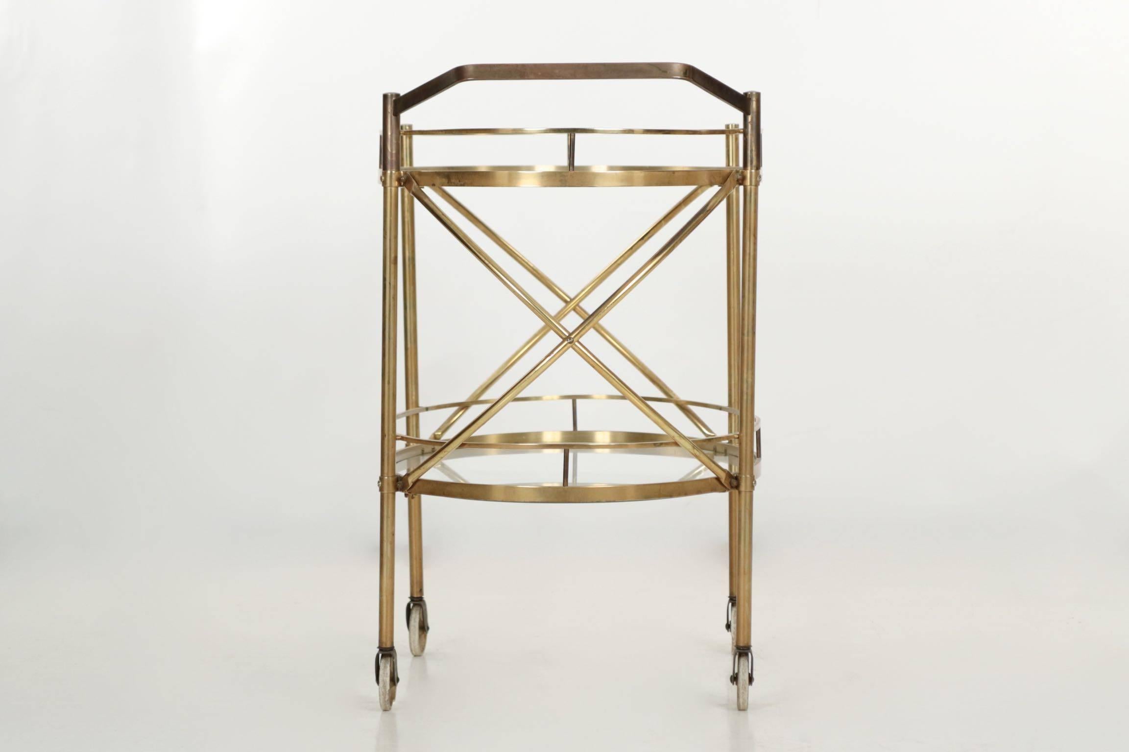 Italian Vintage Server Bar Cart Trolley Oval Brass & Glass Two-Tier Table circa 1960's