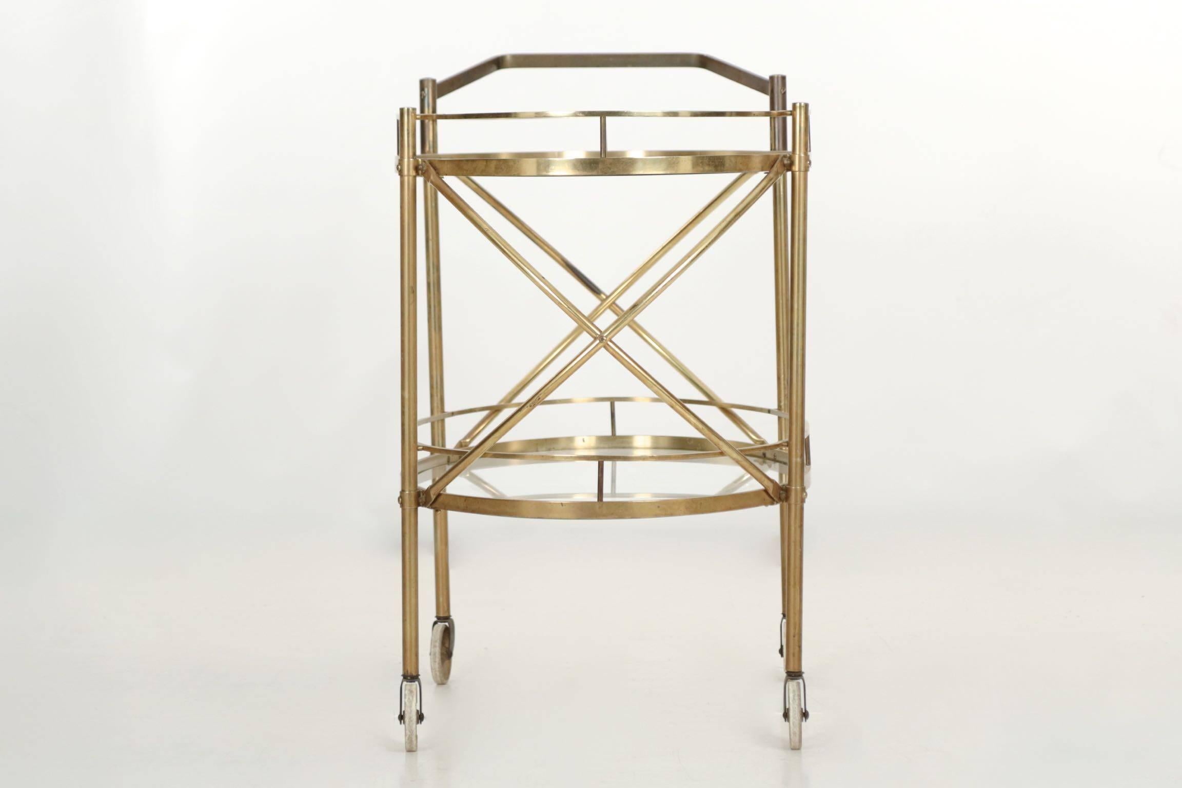 Vintage Server Bar Cart Trolley Oval Brass & Glass Two-Tier Table circa 1960's 3