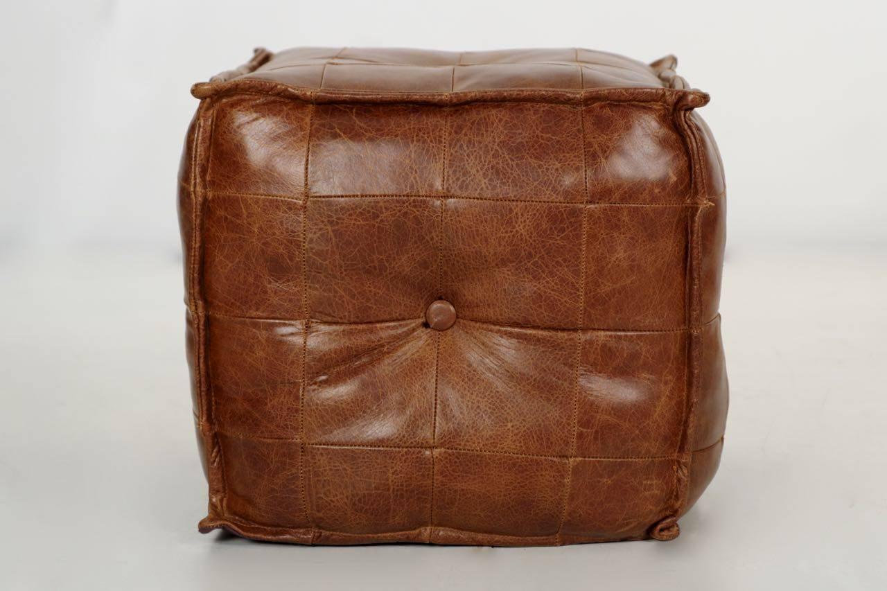 American Stitched Saddle Leather Pouf Footstool Ottoman, 20th Century