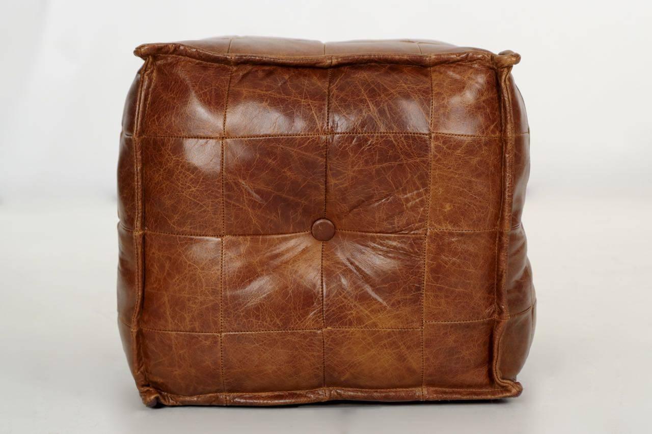 Bohemian Stitched Saddle Leather Pouf Footstool Ottoman, 20th Century