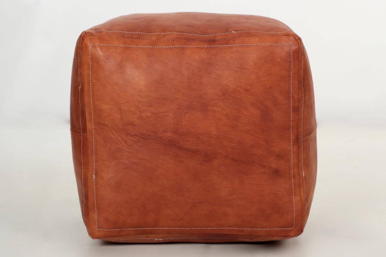Bohemian Stitched Caramel Leather Square Ottoman Pouf Footstool, 20th Century