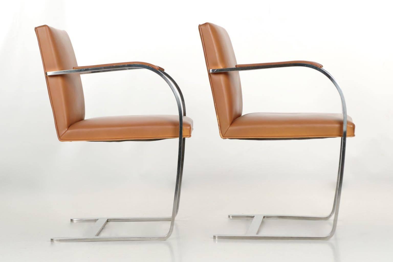 Stainless Steel Pair of Steel and Leather BRNO Arm Chairs by Mies Van Der Rohe for Knoll