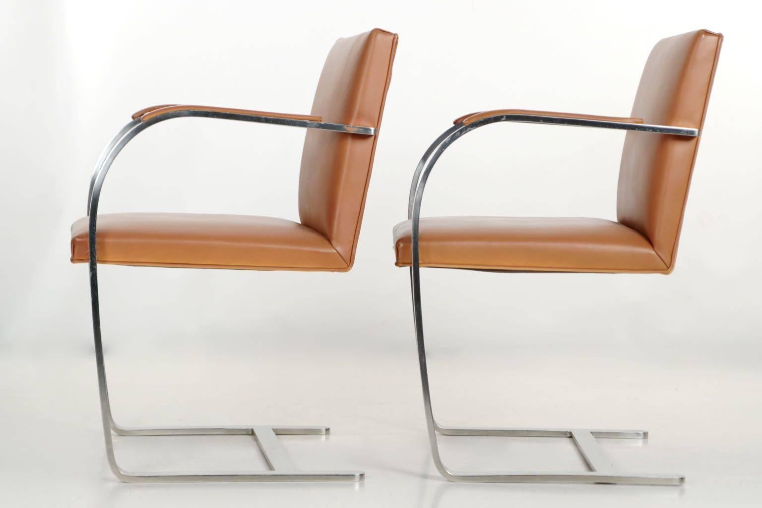 American Pair of Steel and Leather BRNO Arm Chairs by Mies Van Der Rohe for Knoll