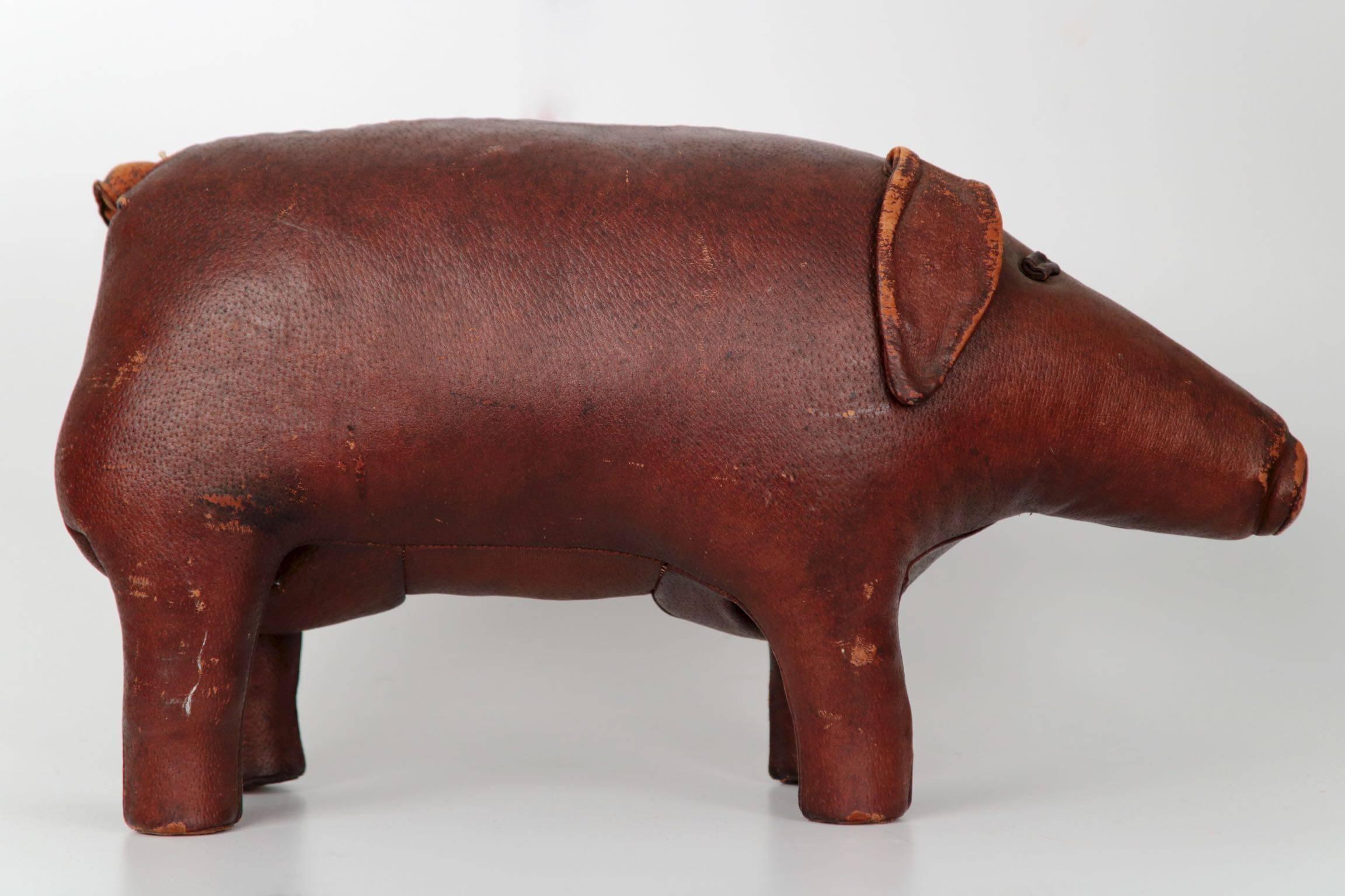 Mid-20th Century Stitched Leather Pig Footstool Ottoman by Dimitri Osmera for Abercrombie & Fitch