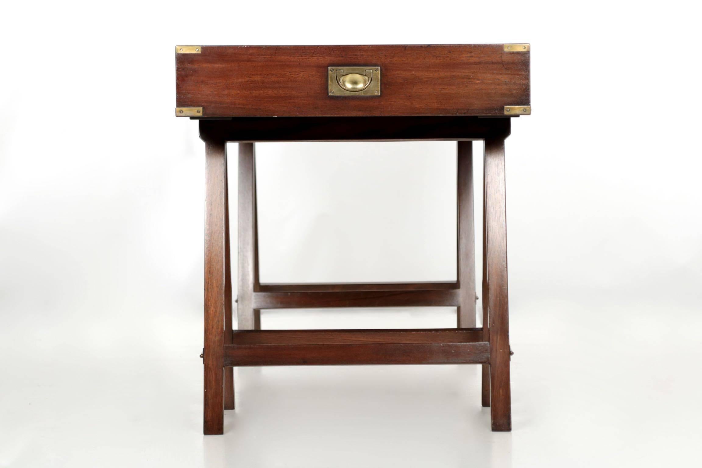 British Campaign Style Brass and Green Tooled Leather Writing Table Desk, 20th Century