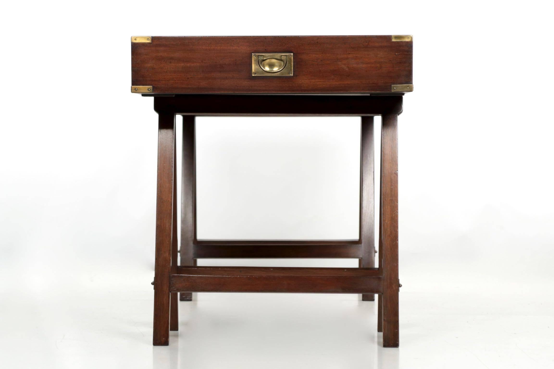Campaign Style Brass and Green Tooled Leather Writing Table Desk, 20th Century 1