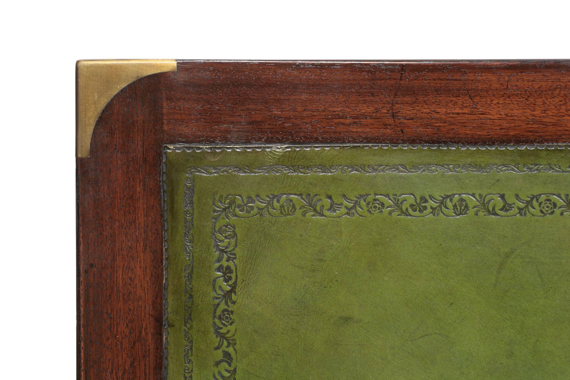 Campaign Style Brass and Green Tooled Leather Writing Table Desk, 20th Century 3