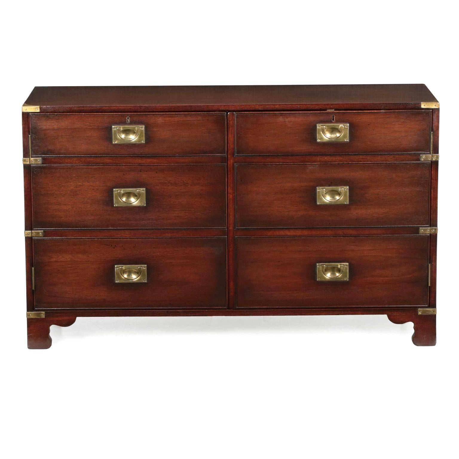 This very high quality cabinet crafted in the Campaign taste is such a striking element for the classical study. We acquired this cabinet along with a matching leather-top chest, side table, tall chest and green tooled-leather writing desk, making