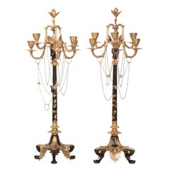 Pair of French Empire Style Bronze Six-Light Candelabra Candle Sticks Lamps