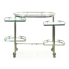 Vintage Brass and Glass Bar Drink Cart with Rotating Shelves