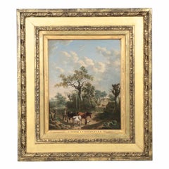 British School, 19th Century Antique Oil Painting of Farmer with Animals