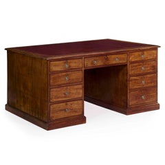English Victorian Mahogany and Red Leather Antique Partners Writing Desk