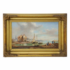 Antique 19th Century Landscape Oil Painting of a Seaside Fishing Village