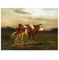 American Barbizon Landscape Painting of Young Cow by John Carleton Wiggins