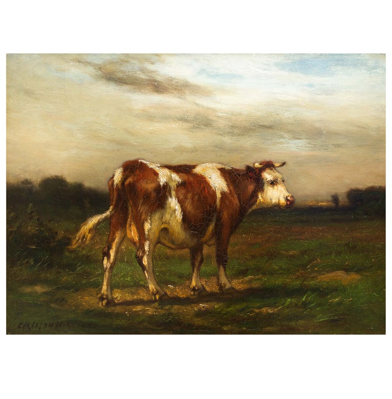 American Barbizon Landscape Painting of Young Cow by John Carleton Wiggins For Sale