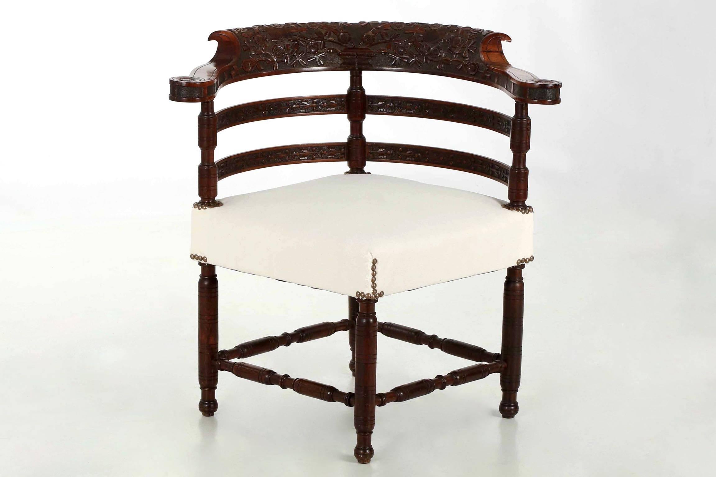 This chair is a very fine and rather uncommon example of the unique works of the Aesthetic Movement, where designers sought a return to individualized expression and hand craftsmanship during an age of mechanized furniture manufacture. In the same