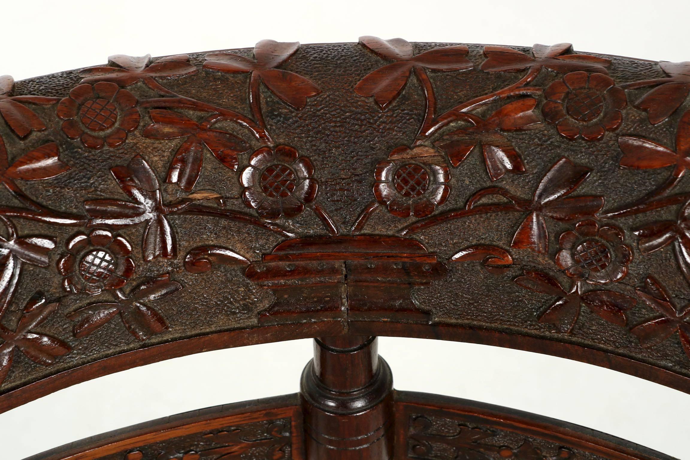 Fabric Aesthetic Movement Carved Rosewood Corner Chair, circa 1880